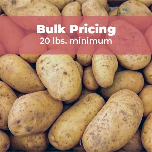 organic onaway potato in a pile with a banner that reads bulk pricing 20 pounds minimum