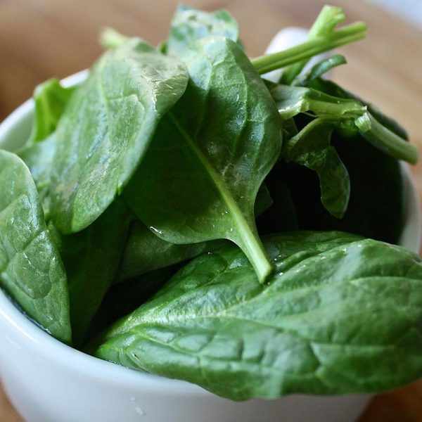 green spinach leaves in a white bowl