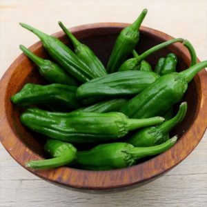 handful of green shishito peppers in a brown wooden bowl